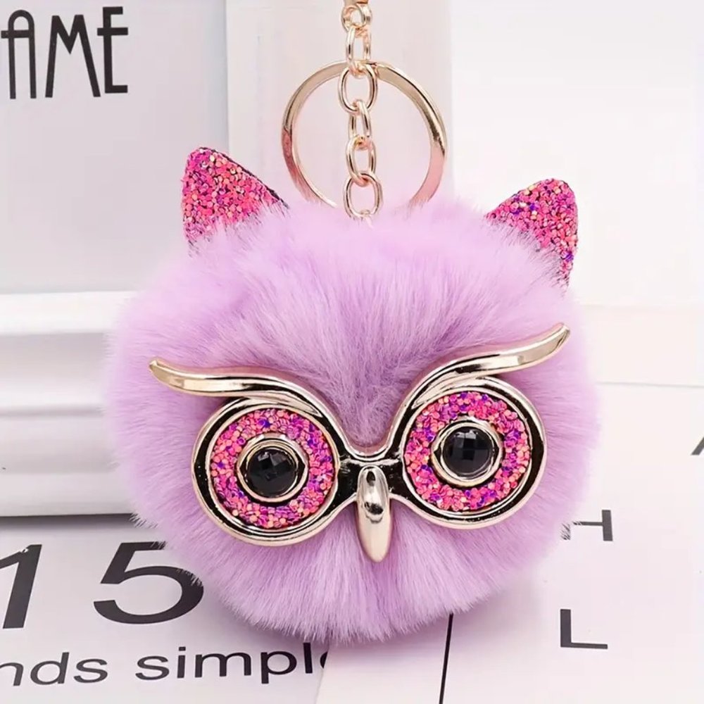 OWL Pom Bag Charm Keychain Purse Purple Glasses Rhinestones Trendy Glam Fuzzy